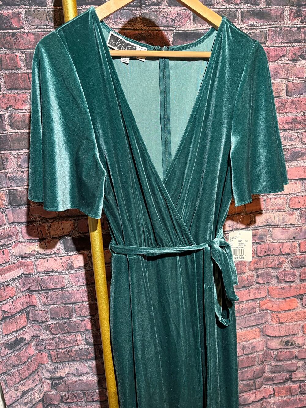 DAVIDS BRIDAL NWT Teal Velvet Flutter Sleeve Faux Wrap Dress Size 14 Wedding